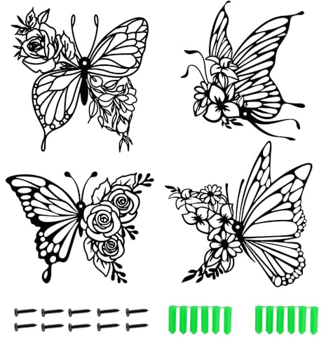 4PCS Jardín de Metal Arte de la Pared al aire libre, Mariposa Grande 3D Negro Flor de Pared Arte Deco, Pared al Aire Libre Colgante Ornamento, 29CM Hierro Mural Escultura para el Hogar Interior Patio