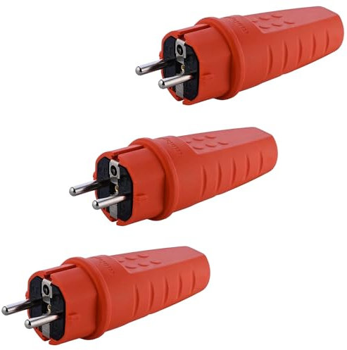 Gummi Stromstecker 230V, 16A, IP44, Wasserdicht Stecker, Bruchfest, Schuko Stecker mit Zugentlastung, Schutzkontakt Stecker mit Knickschutztülle für den Außenbereich geeignet, 3 Stücke (Orange)