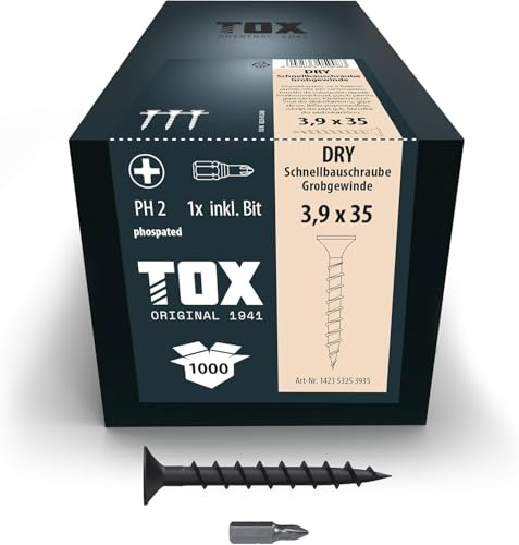 TOX Tornillos para cartón yeso DRY GG 3,9 x 45 mm, magazinados para montaje rápido con destornillador de cargador, rosca gruesa, cartón yeso sobre subestructura de madera, 1000 piezas, 142353253945