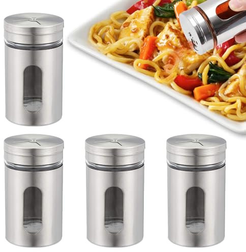 Spargere spezie, in acciaio inox, 4 pezzi, per spezie, campeggio, spezie, in vetro, con 3 diverse dimensioni di fori per pepe, sale, zucchero e spezie