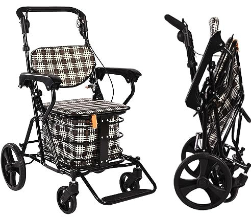 Déambulateur pour personnes âgées – Droit tout-terrain avec siège rembourré extra large, dossier, accoudoirs, repose-pieds, sacs de rangement