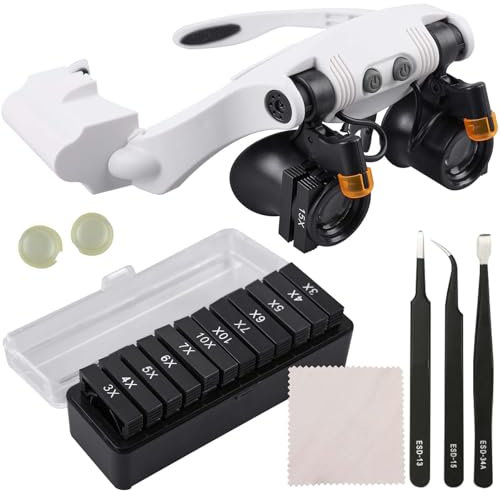 Lupe mit Licht, max. 25-fache Vergrößerung Kopfbandlupe mit 14 Linsen, Lupenbrille mit Pinzette und 2 LED-Lichtern Wechselobjektiv 3X 4X 5X 6X 7X 10X 15X zum Lesen von Basteluhren Reparatur Schmuck