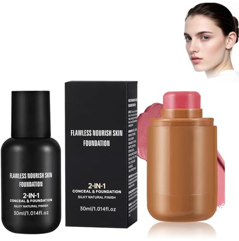 Eazerom 48 1pcs BB Crème +1pcs Blush Stick, Blush Stick Blush Cream Hydratant, BB-Crème Anti-Imperfections,Fond de Teint Hydratant et Imperméable,Correcteur Respirant et Léger