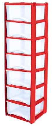 Neat. 7 Plastic Storage Drawers Unit with See-Through Drawers, Compact Vertical Design – Durable Plastic, Ideal for Organizing Office Crafts, and Household Items, 140cm x L39cm x W39cm -Red