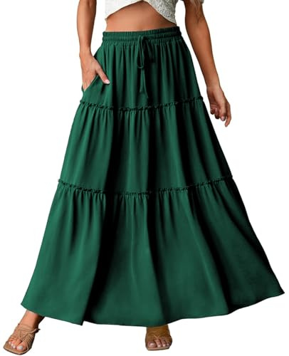 Genfien Jupe Femme Longue Maxi Plissée en Ligne A Bohême Tour de Taille Elastique Jupe avec Poches