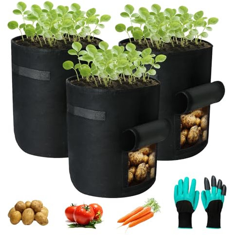 3 Pack Bolsa de Cultivo para Patatas con Ventana, Ø35x40cm, Maceta de Fieltro 38L para Tomates, Patatas, Zanahoria, Flores, incluye Guantes de Jardinería, Reutilizable y Lavable (10 Galones)