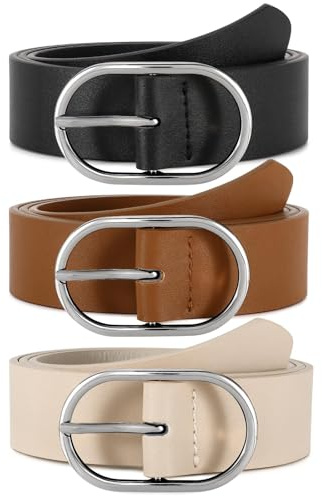 WERFORU Lot de 3 Ceintures en Cuir pour Femmes Ceinture Femme à la Mode avec Boucle Argentée pour Jeans, Pantalons et Robes,Noir/Marron/Beige