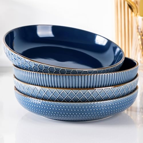 GBHOME Pastaskålar, set med 4 porslinstallrikar (Ø 24 cm) – extra djupa sopp- och pastaskålar av keramik för pasta, sallad, desserter och familjemåltider, diskmaskinstålig och stapelbar, 1 250 ml
