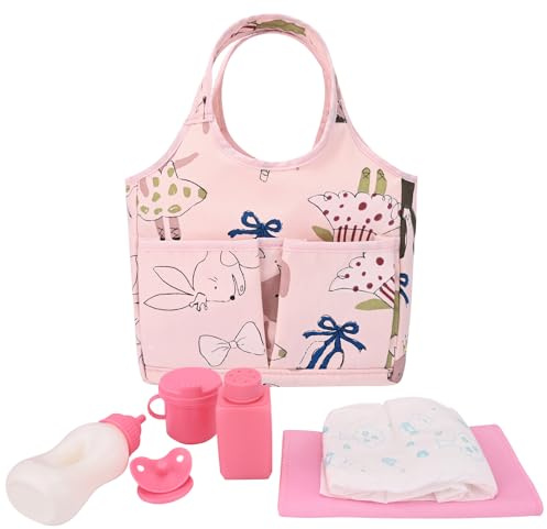 Bebamour 7-Piece Baby Doll Diaper Bag Set with Bottle & Accessories, Unicorn Changing Bag for 12–20 Inch Dolls, Pretend Play Feeding & Nappy Care Toy for Kids, Rabbit