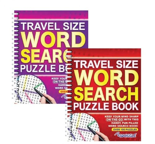 Sixstore A5 Spiral Bound Travel Size Word Search Puzzle Books, Orange and Intense Hot Pink - Set of 2