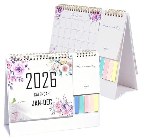 Bordskalender 2026 med anteckningspapplar – dagkalender för självkontroll och planering, stående kalender för kontor, hemmakontor och skrivbord, månadskalender med klisterlappar