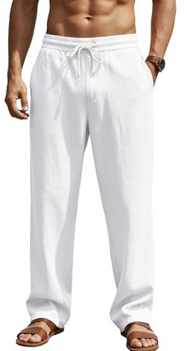 Muwodkdn Pantalon Lin Homme Été Léger Casual avec Cordon de Serrage | Pantalons de Plage Yoga Pantalons Décontracté Coupe Droite Taille Elastique pour Les Vacances à La Plage