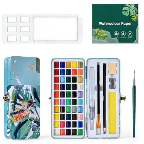 Peinture Aquarelle Set, Set Aquarelle 50 Couleurs avec Pinceaux et Papier Portable, Kit Complet de Peinture pour Artistes, Amateurs et Débutants, pour Dessin, Illustration et Loisirs Créatifs