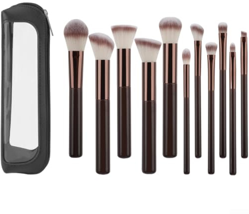QOXEZY Makeupborstset för premium trähandtag, korrugerad silkesborste, för foundation ögonskuggsblandning och lös pulverapplikation, med trähandtag och resefodral (D)