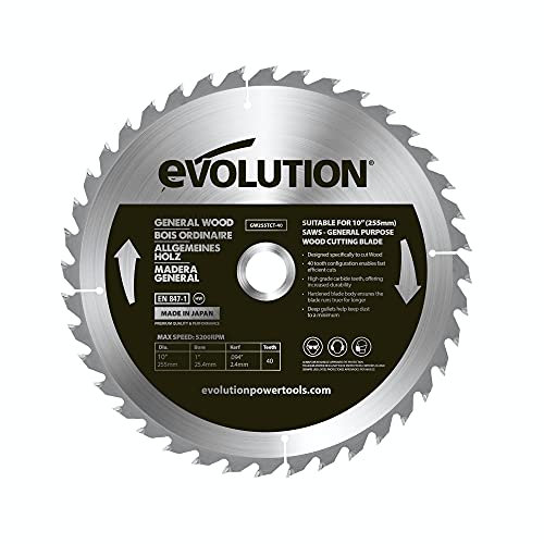 Evolution Power Tools GW255TCT-40 Hoja de sierra de metal duro para madera, para sierras de mesa y tronzadoras, cortes suaves y rápidos en madera, corte limpio y sin astillas, 40 dientes, 255 mm