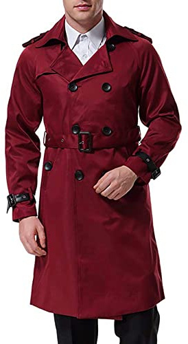 AOWOFS herr dubbelknäppt trenchcoat med bälte revers lång kappa affärsjacka vår övergångsjacka, röd, M