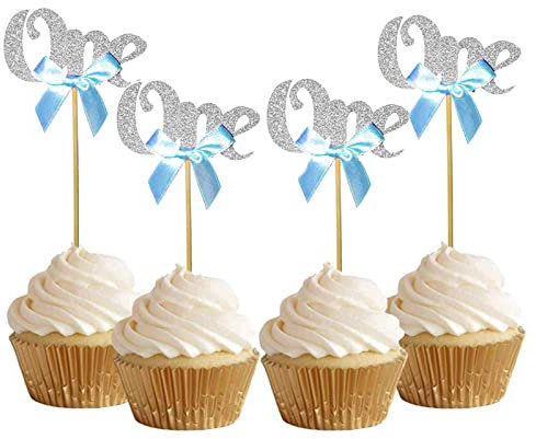 Bymivofun 24 Pcs Cupcake Toppers Glitter 1er Anniversaire, Décorations pour Fête D'enfants (Argent)