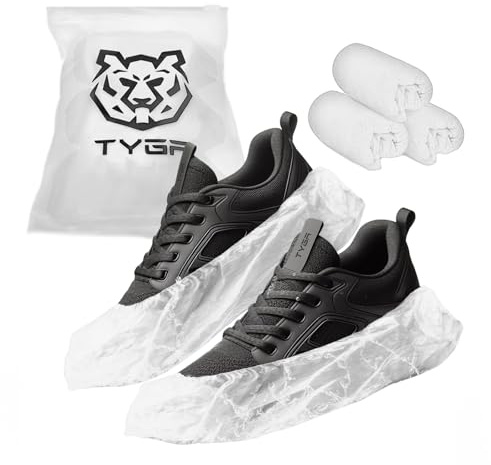 TYGA Disposable Shoe Covers, 30 Pack White Overshoes, Waterproof & Anti-Slip Plastic Boot Covers, Dustproof Floor & Carpet Protectors, One Size Fits Most