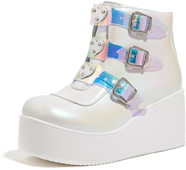 LUCKY STEP Women Platform Chunky Ankle Boots - Round Toe Zipper Wedges High Heels Rave Buckle Thick Sole Goth Booties (White Hologram,9 B(M) US)