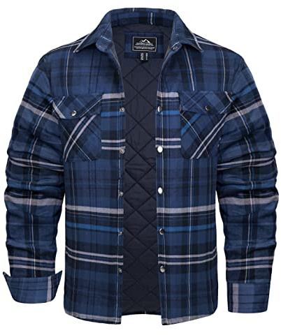 KEFITEVD Lumberjack Jacket Mens Quilted Lined Plaid Shirts Winter Padded Casual Shirt Flannel Checked Shacket Blue Grey,L