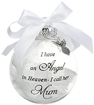 Christmas Memorial Baubles Ornaments Feather Ball “I Have an Angel in Heaven” With Small Angel Christmas Bauble Ornament, Mum Dad Hanging Decoration