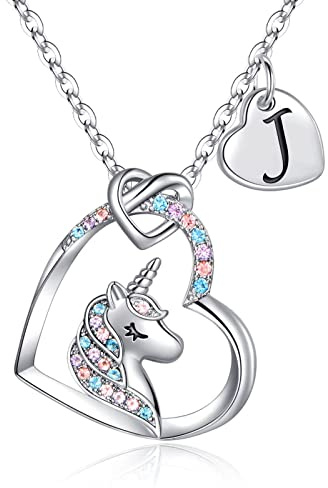 TINGN Regalo para Niñas Collar de Unicornio, Chapado en Oro Blanco de 14 Quilates CZ Corazón Colgante Unicornio Collares para Mujer Cadena Inicial J Unicornio Regalos de cumpleaños para Niñas Joyería