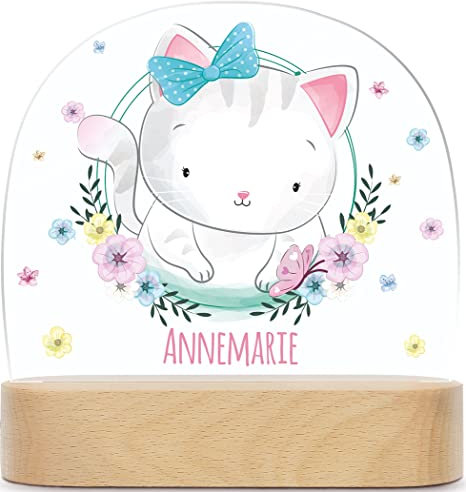 GRAVURZEILE Personalisiertes LED Nachtlicht für Kinder - Blumenkranz - Personalisiert mit Namen - Nachttischlampe für das Kinderzimmer - Geschenk für Kinder & Babys - Baby Geschenk - Katze
