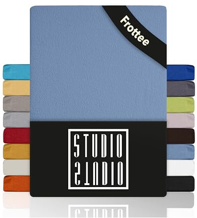 STUDIO Basic Frottee Spannbettlaken 140x200cm – weiches Frottee-Spannbetttuch aus 80 % Baumwolle & 20 % Polyester – Mittelblau – Öko-Tex Zertifiziert, bügelfrei & elastisch – für Matratzen 15–25cm