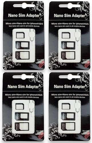 FLLAGG20 4X Adaptador Tarjeta Sim Movil Card 4 en 1 (Nano a Micro, Micro a Standard, Nano a Standard) para Todos los Dispositivos móviles + Clip para Extraer Universal Sim Adapter