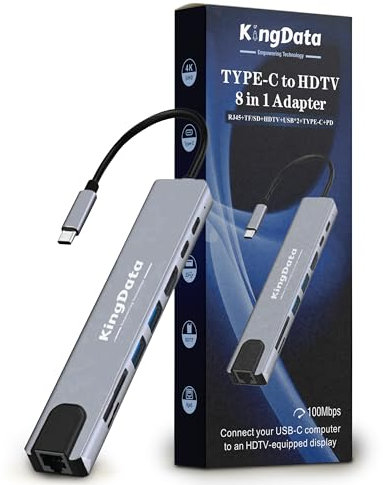KingData USB C HUB, 8 in 1 Multiport Adapter with 87W PD, 4K HDMI, 2 USB-A Data Ports, USB Type C Hub for MacBook Air, iPhone, Galaxy, Surface, XPS, iPad, Windows, RJ45, SD/TF Card, Docking Station