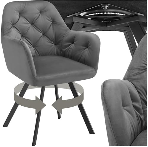 tectake® Poltrona Girevole in Velluto, Sedia Sala da Pranzo con Braccioli, Seduta e Schienale Ergonomici, Rotazione a 180°, Sedia Moderne con Gambe in Acciaio - Antracite