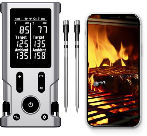 Fleischthermometer kabellos Grillthermometer Bluetooth Backofenthermometer mit App IP67 Wasserdicht Wireless Meat Thermometer für Ofen, Grill, Smoker, Rotisserie Ofen