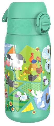 ION8 Kinder Trinkflasche, Edelstahl Leicht 400ml, Nicht Isoliert, Auslaufsicher, Einhandöffnung, Sichere Verriegelung, Spülmaschinenfest, Klappdeckel, Tragegriff, Leicht zu Reinigen, Nutztiere,