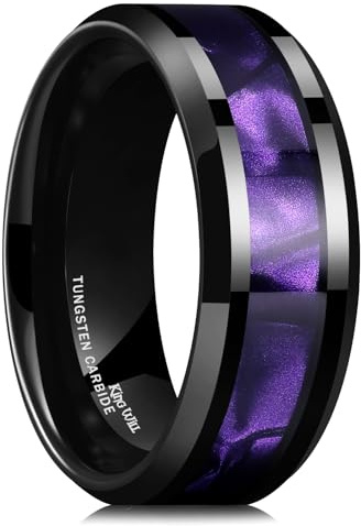 King Will Anello da uomo in tungsteno da 8 mm, anello di fidanzamento placcato nero, con guscio viola, da indossare tutti i giorni, collezione Galaxy, R 1/2(59.53mm), Carburo di tungsteno, Nessuna