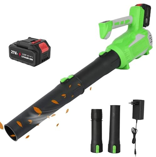 Laubbläser mit Akku 21 V – Laubbläser, kabellos, mit Akku und Ladegerät, 38 m/s, 26.000 U/min, 5 Geschwindigkeiten/tragbar, für Garten, Hof, Blatt, Schnee (1 Akku)