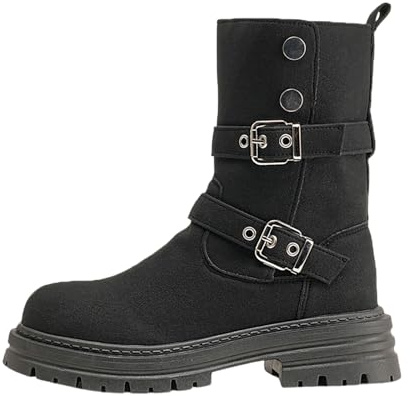 Generisch 2026 Botas de moda de pantorrilla media, botines de plataforma gruesos con hebilla, cómodos y casuales botines de invierno suela antideslizante, Negro , 42 EU