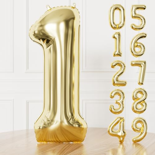 Adeyoo Light Gold Number 1 Balloon - 40 In Large Champagne Gold Foil Digital Balloons for Boys Girls, Self Inflating Number Balloons 0-9 for Women Men Birthday Graduation Anniversary Party Decorations