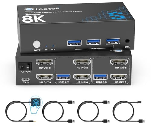 Hearvo 8K@60Hz HDMI KVM Switch 2 Monitors 2 Computers, Dual Monitor KVM Switch with EDID Adaptive, USB Sharing, Keyboard Mouse Printer Control, S7229H2