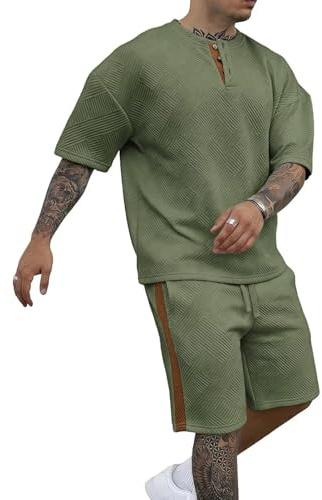 Remxi Mens 2 Piece Tracksuit Set Jacquard Henley Shirt Short Sets Casual Jogging Suits Summer Matching Sets armygreen XL