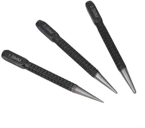 Punzón central de marcado de aleación de acero para metal, madera, plástico, herramienta de mano con tamaños de 1 5 mm, 2 mm, 3 mm para indicación precisa de posición del agujero (3 piezas)