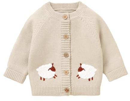 DovFanny Baby Girl Boy Knitted Sweater Cardigan Long Sleeve Jumpers Warm Coats Clothes with Lovely Embroidered Sheep Beige