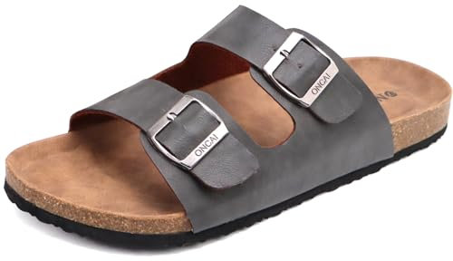 ONCAI Herren-Hausschuhe-Pantoletten-Schlappen-Sommerschuhe Flache Sandalen schieben und Sommer Drinnen und Draußen Kork-Sandalen Mit Verstellbarer Rieme Grau EU Größe 43