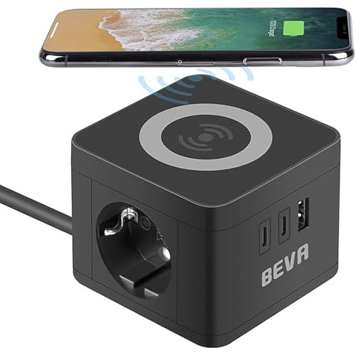 BEVA Steckdosenwürfel Cube mit 10W Wireless Ladefunktion + 1.5M Kabel，2500W/10A Mehrfachsteckdose mit 2 USB C+1 USB-A, Ladewürfel mit Wireless Charger, Handy-Ladegerät für Reise Haushalt Büro, Schwarz