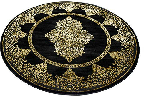CARPETIA Teppich Wohnzimmer Kurzflor Teppich Ornamente schwarz Gold Größe 200 cm Rund