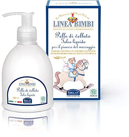 Helan, Linea Bimbi, Pelle di Velluto, Talco Liquido Neonato e Bambini con Calendula e Vitamina E, Ideale per Massaggio al Corpo, Pelle Morbida e Fresca con Olio di Mandorle e Oliva - 240 ml
