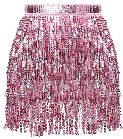 Soudittur Quasten Paillettenrock Damen Glitzer Rock Damen Steampunk Quastenrock Bauchtanz Hüftschal Karneval Fransen Rave Outfit Kostüm Rosa