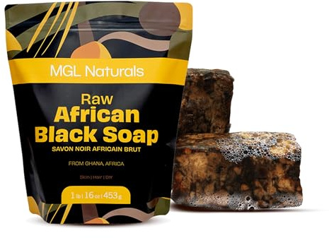 MGL Naturals - Le meilleur savon noir africain biologique cru, 1 lb en vrac, fait à la main au Ghana, en Afrique. Ingrédients entièrement naturels