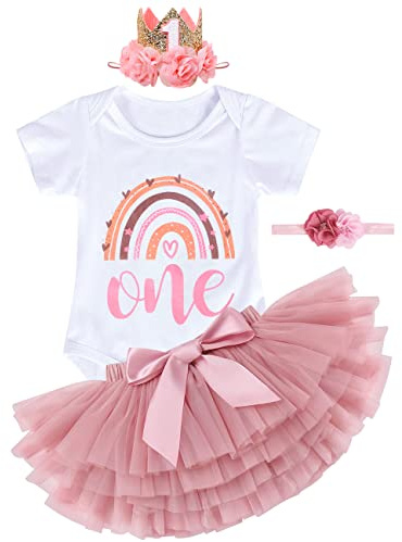 YYDSXK Ensembles Bébés Filles 1er Anniversaire, Boho Tenue D'anniversaire pour Bébé Fille, Barboteuse Body, Robes Tutu, Bandeau Couronne, Bandeau Fleuri, pour la Baby Shower, Fête, Photographie