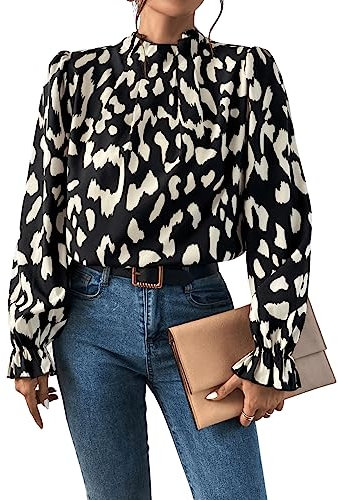 GORGLITTER Bluse Mit Rüschen Damen Bluse Mit Stehkragen Langarm Blusenshirt Elegante Blusen Oberteile Volant Ärmel Top Schwarz und Weiß M