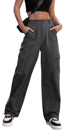 ZMPSIISA Women High Waisted Cargo Pants Wide Leg Casual Pants 6 Pockets Combat Military Trousers(Grey,Medium)
